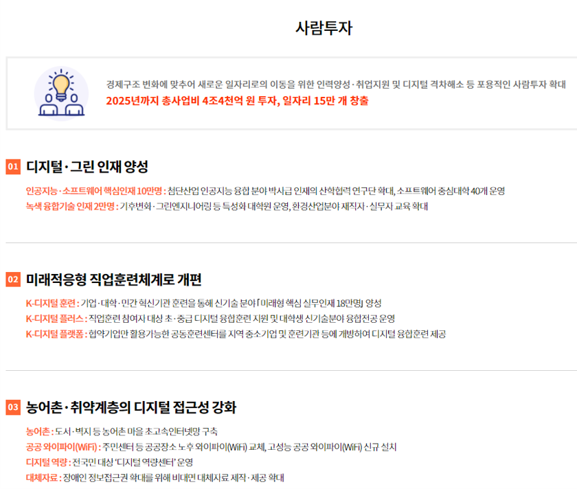 한국판뉴딜정책 : 대한민국 대전환 10대과제 요약 5 안전망강화 - 사람투자