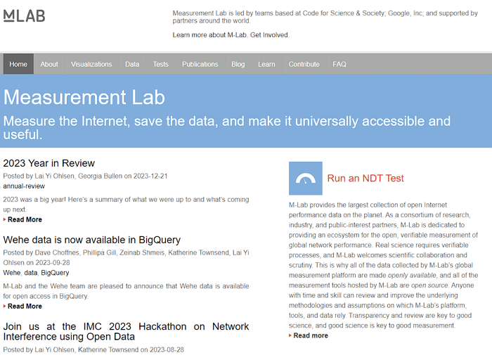 Measurement Lab 메인페이지