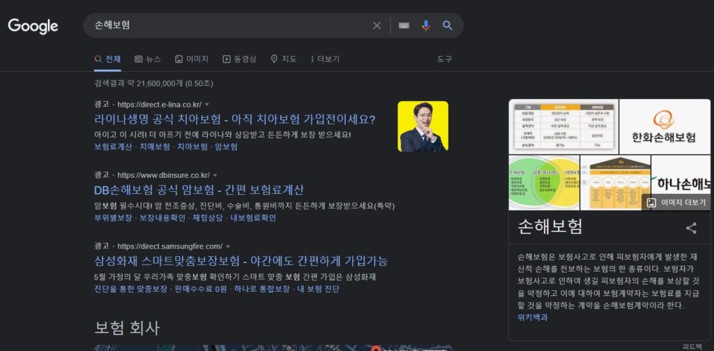 SEO란-(search engine optimization:검색 엔진 최적화) 1 검색 엔진 최적화 중요성 - 손해보험 검색 시 광고