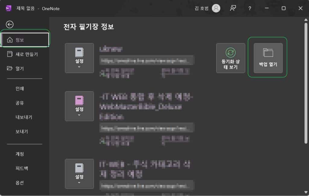 원노트 백업 방법-One Note 2016 PC 옵션 설정 5 원노트 백업 파일 열기