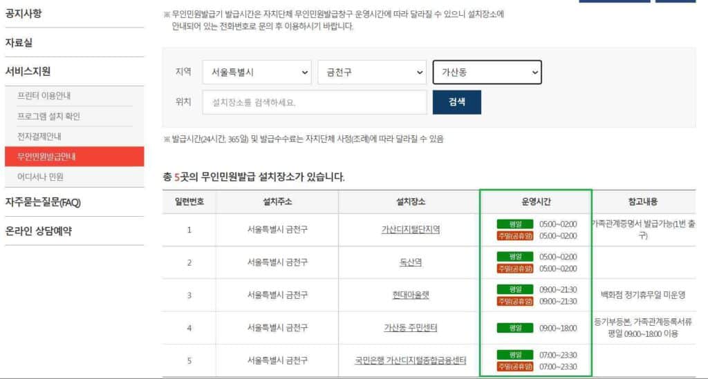 무인민원발급기 위치 및 이용 시간 4 무인민원발급기 운영 시간 확인