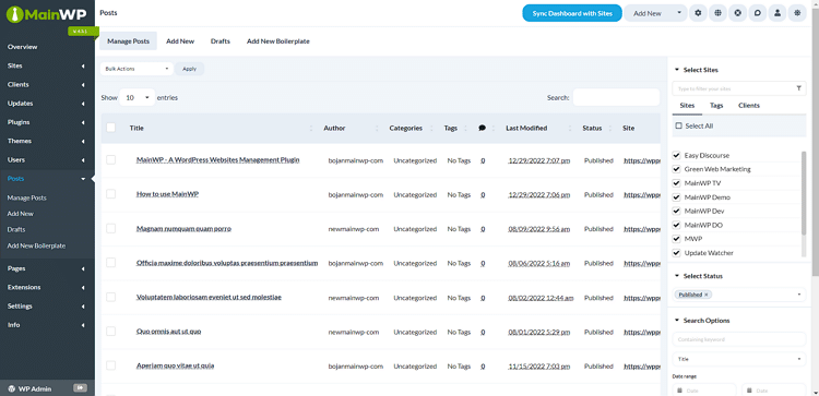 MainWP Dashboard 플러그인 7 MainWP Dashboard 콘텐츠 관리