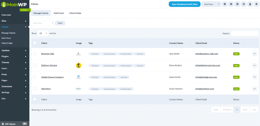 MainWP Dashboard 플러그인 5 MainWP Dashboard 클라이언트 관리