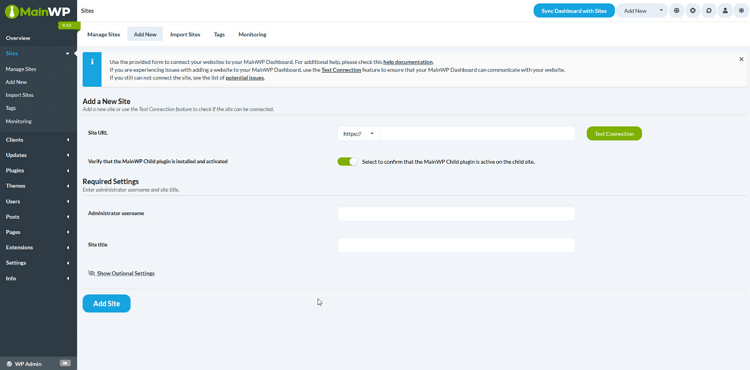 MainWP Dashboard 플러그인 2 MainWP Dashboard 플러그인 사이트 관리 페이지(URL 입력 등)