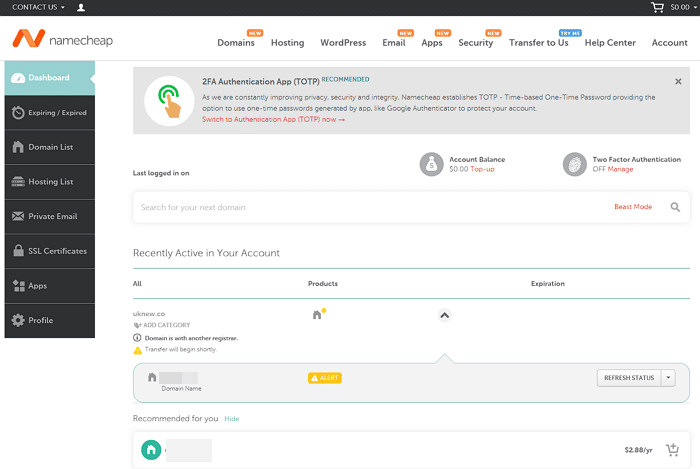 Namecheap Domains Vs Google Domains 포함 5개 도메인 등록 기관 비교 3 도메인 등록 기관 Namecheap Domains-메인 대시보드 화면