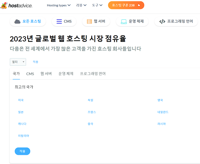 HostAdvice research-호스팅 업체 TOP 10을 찾기 위한 리뷰 사이트 6 HostAdvice에서 제공하는 해외 호스팅 시장 점유율 필터 체크 기능