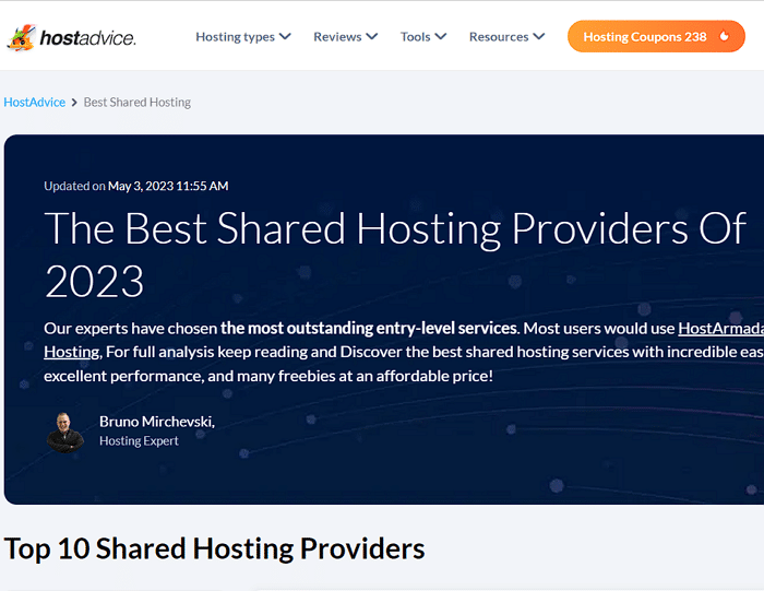 HostAdvice research-호스팅 업체 TOP 10을 찾기 위한 리뷰 사이트 1 HostAdvice 홈페이지