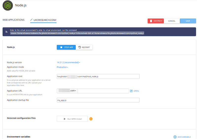 Ghost CMS에 cPanel Nodejs 설치 및 관리 방법 4 cPanel Nodejs 애플리케이션 설치 완료