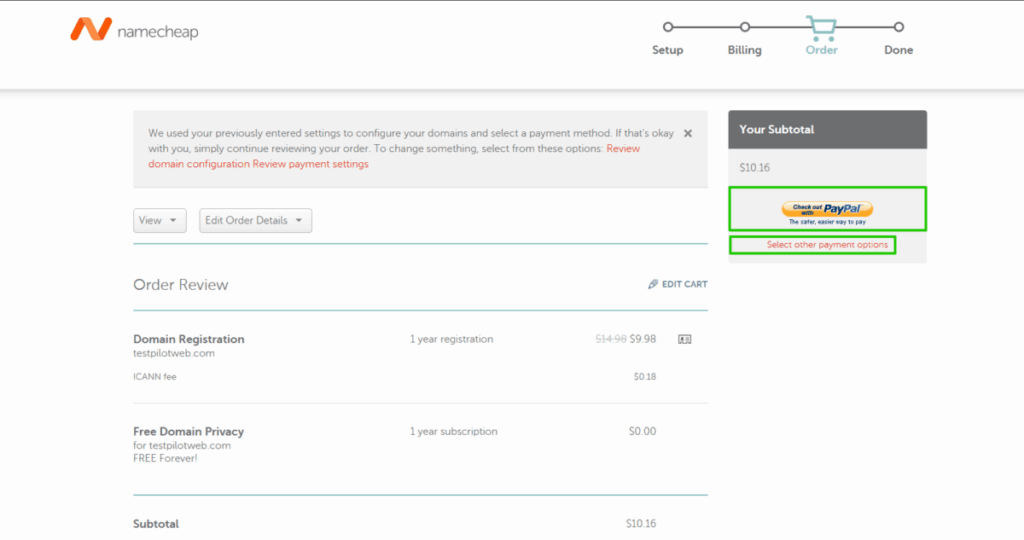 네임칩 도메인 구매 및 연결 절차와 환불 정책 5 네임칩 주문 확인 화면: PayPal 결제 버튼과 Select other payment options