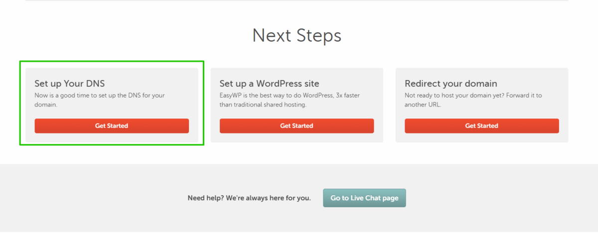 네임칩 도메인 구매 및 연결 절차와 환불 정책 7 네임칩 주문 완료 화면: Next Steps의 Set up Your DNS Get Started 버튼