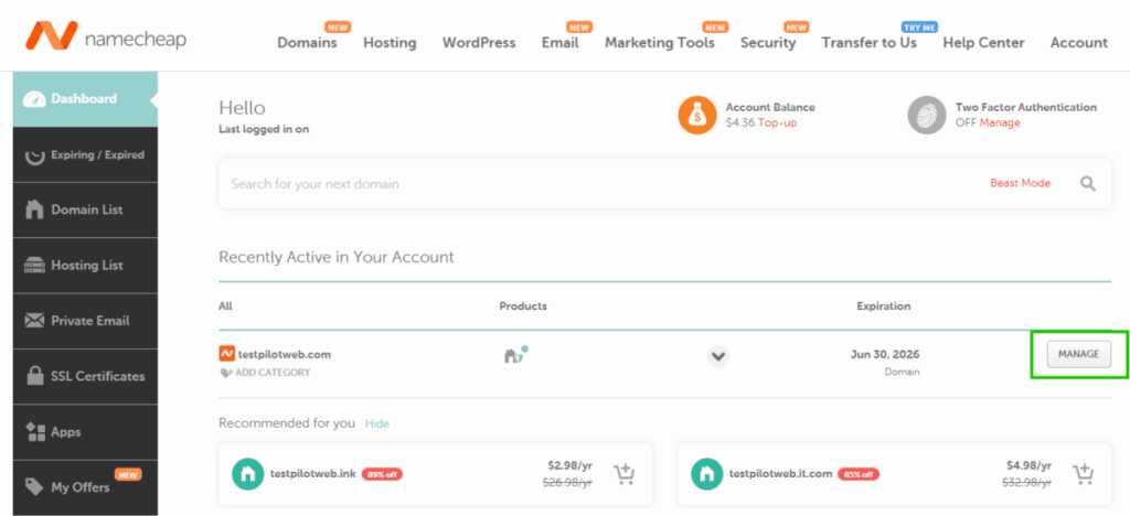 네임칩 도메인 연결 설정[testpilotweb.com]_DNS 설정_대시보드2