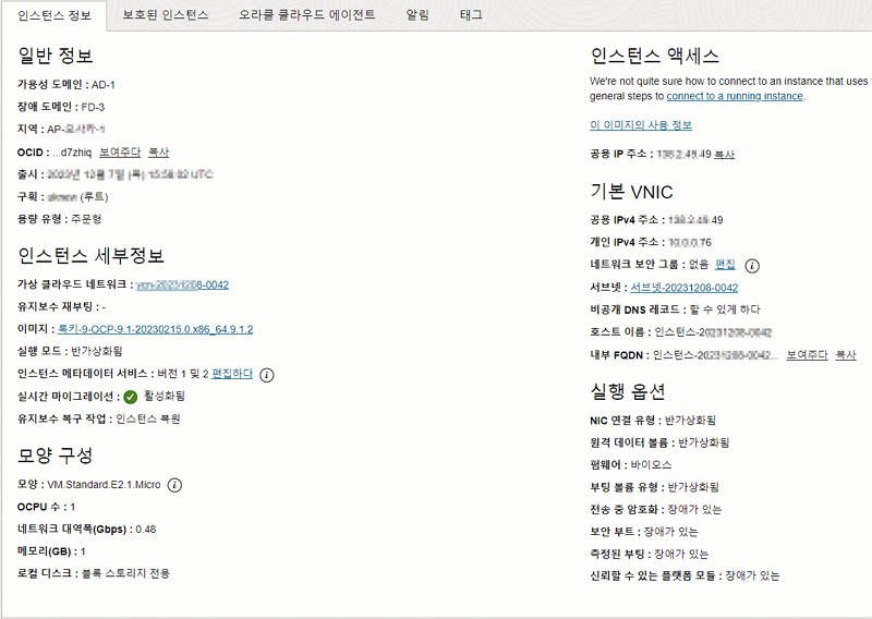 오라클 클라우드 무료 서버 사용 방법 | 상시 무료 클라우드 서비스 스펙 13 오라클 클라우드 컴퓨팅-세팅 후 인스턴스 정보