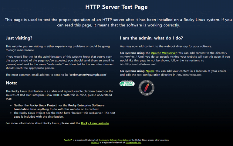 록키 리눅스 APM 설치 후 HTTP Server Test Page 페이지 확인