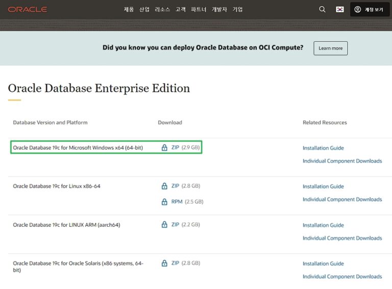 Window 오라클 19c 설치(다운로드 링크)