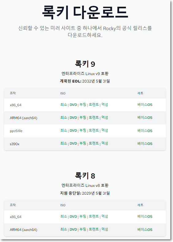 록키 리눅스 8,9버전 다운로드 페이지