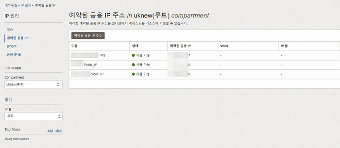 오라클 클라우드 고정IP 생성 완료