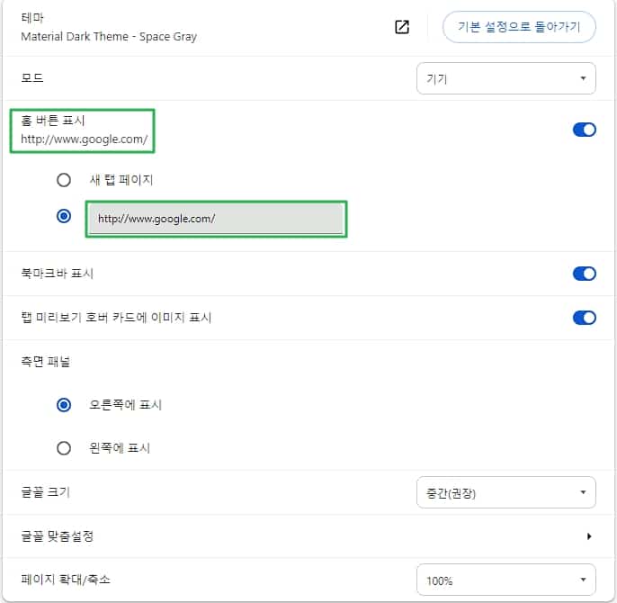 크롬 홈 버튼 표시(원하는 홈페이지 설정)