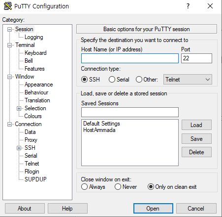 Windows 버전 PuTTY 다운로드 및 설치(&한글 사용하기) 5 Putty 실행화면 첫 페이지