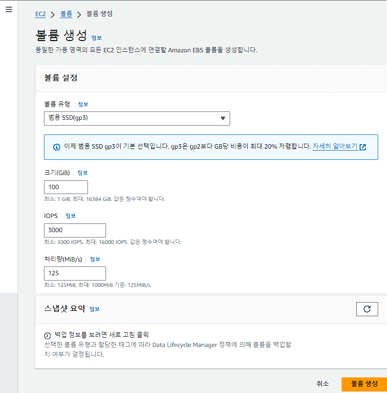 EBS 볼륨 추가-볼륨 생성