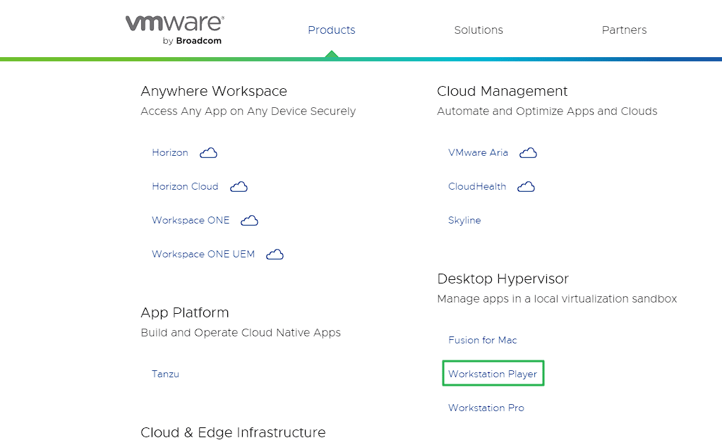 VMware 홈페이지 제품 - Workstation Player 경로