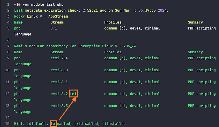 yum module list 명령어