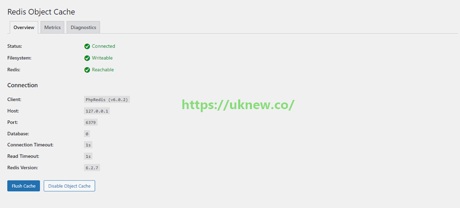 워드프레스 Redis Cache 설치 및 설정 2 Redis Objact Cache 플러그인 상태 화면