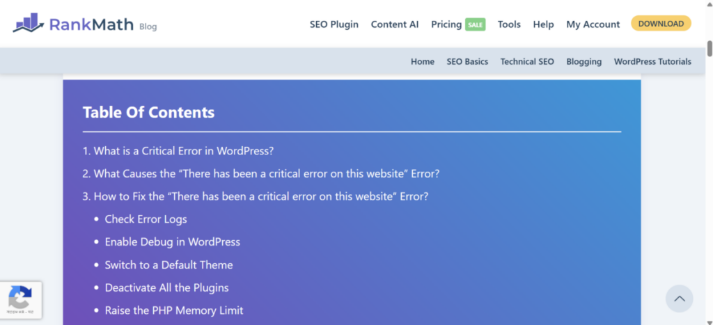 워드프레스 "There has been a critical error on your website" 오류 원인과 해결 과정 5 랭크매스-웹사이트에 심각한 오류가 발생했습니다_블로그 설명글(영어)