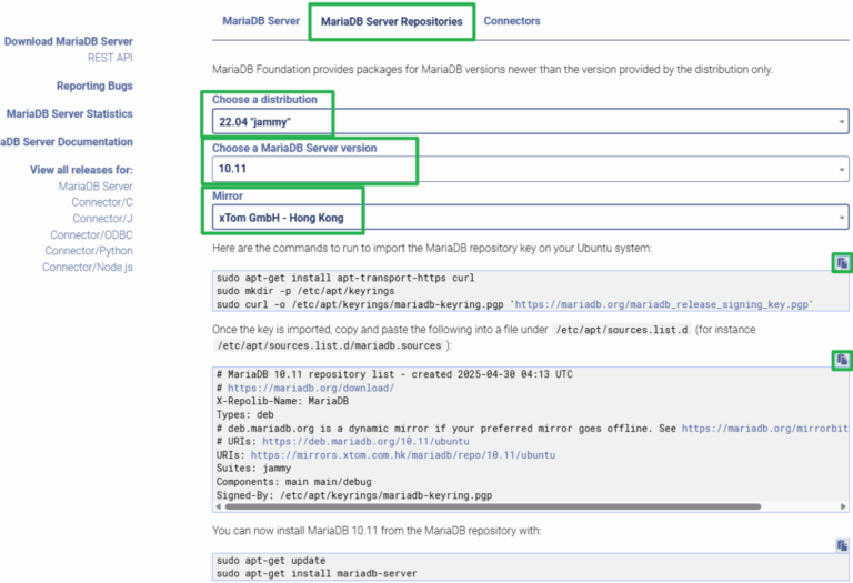 우분투 APM 설치-MariaDB 저장소 다운로드 페이지2_Ubuntu 22.04.5버전에 맞게 설정. DB는 10.11버전