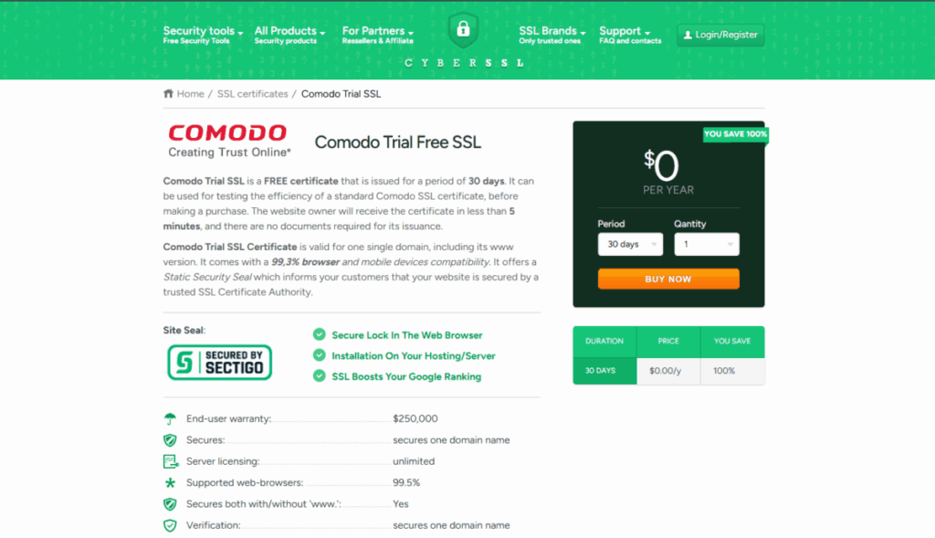 SSL 인증서 설치(Sectigo) 1 30일 Free SSL 설치 신청 페이지_COMODO