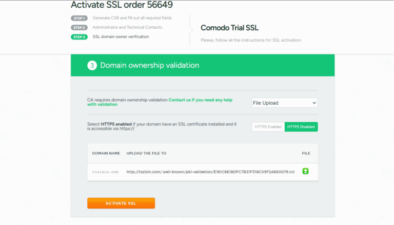SSL 인증서 설치(Sectigo) 6 30일 Free SSL 설치_소유권(DCV)인증_파일 업로드2_COMODO