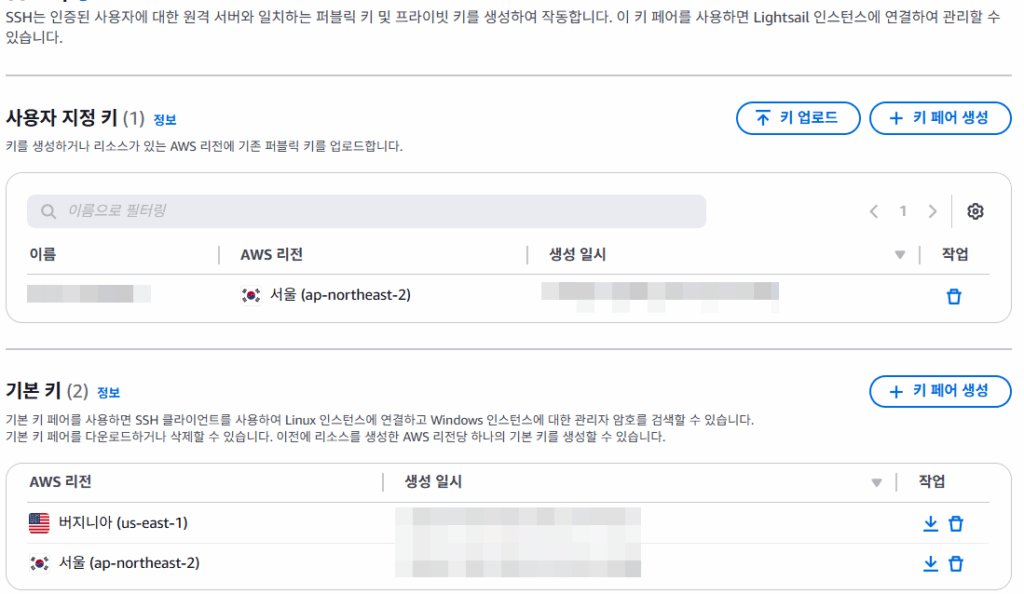 AWS 라이트세일 FTP 연결 방법(파일질라 SFTP 22번 접속) 2 AWS 라이트세일 계정 메뉴_SSH_키_키파일 다운로드