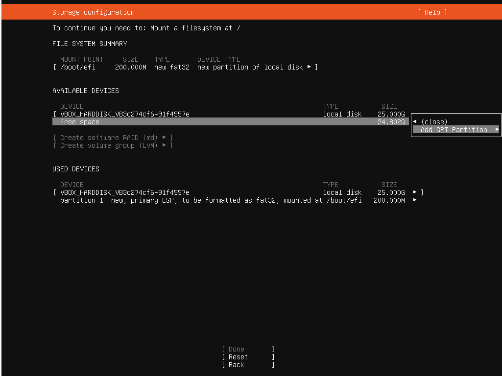 Oracle VitualBox_우분투 설치_스토리지 구성_파티션 설정_Add GPT partition