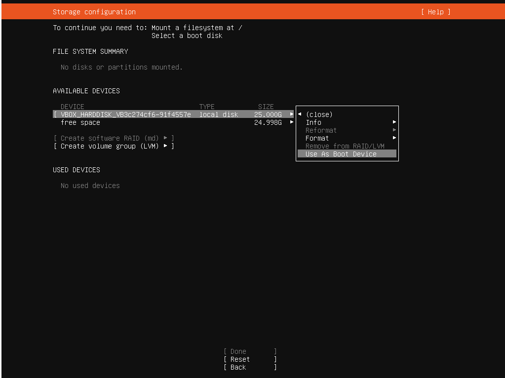 Oracle VitualBox_우분투 설치_스토리지 구성_파티션 설정_Use As Boot Device로 /boot/efi 생성