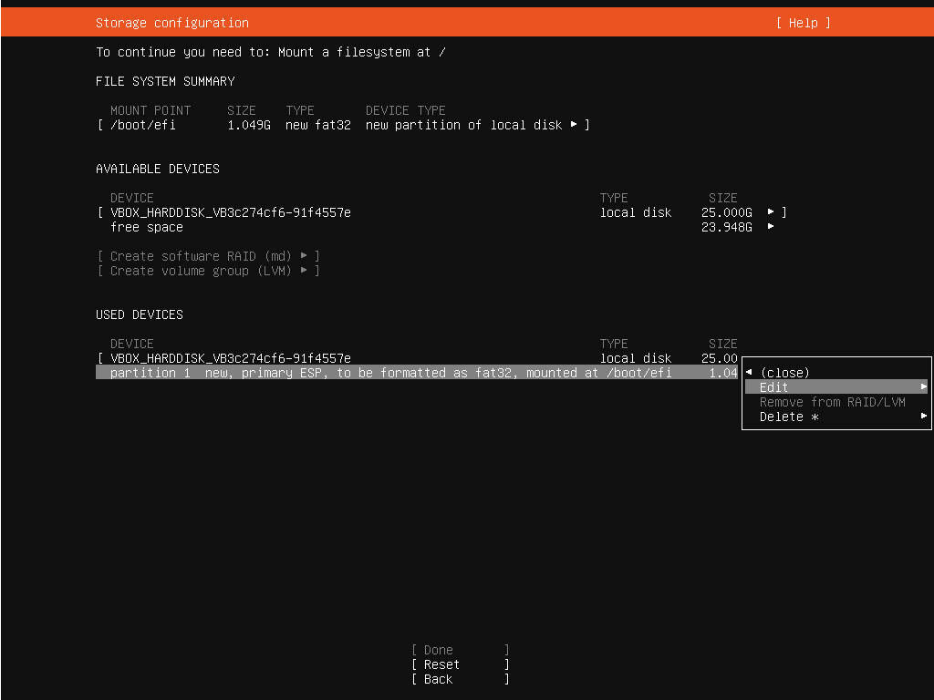 Oracle VitualBox_우분투 설치_스토리지 구성_파티션 설정_boot efi 설정