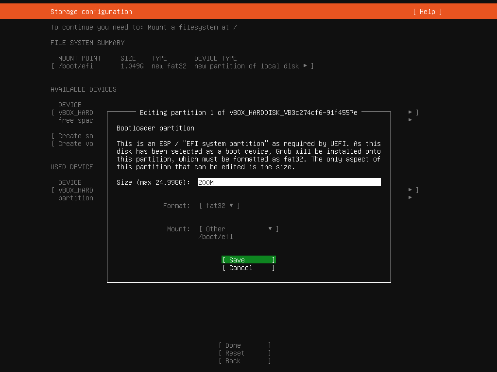 Oracle VitualBox_우분투 설치_스토리지 구성_파티션 설정_boot efi 용량 설정