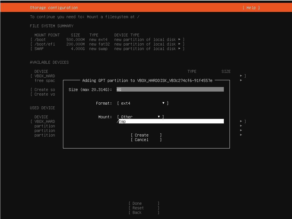 Oracle VitualBox_우분투 설치_스토리지 구성_파티션 설정_tmp 파티션 추가