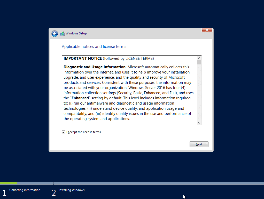 VirtualBox 윈도우 2016 서버 설치 | 한국 언어팩 변경 5 virtualbox 윈도우 2016 서버 설치 4_라이센스 동의