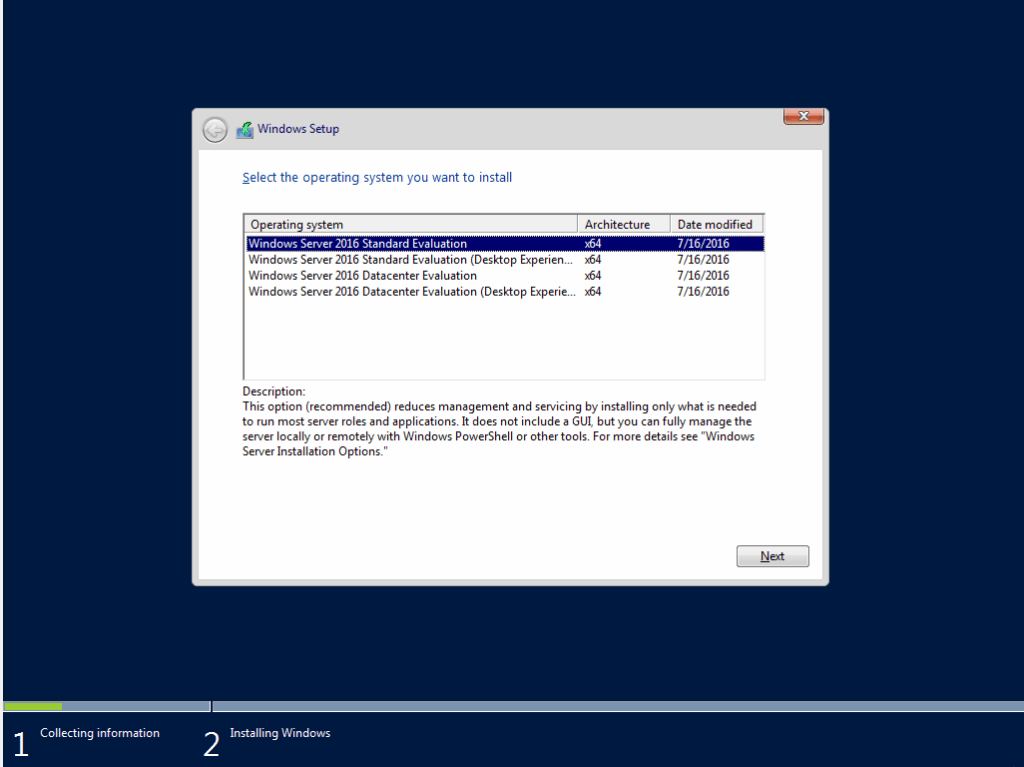 virtualbox 윈도우 2016 서버 설치 3_버전 선택
