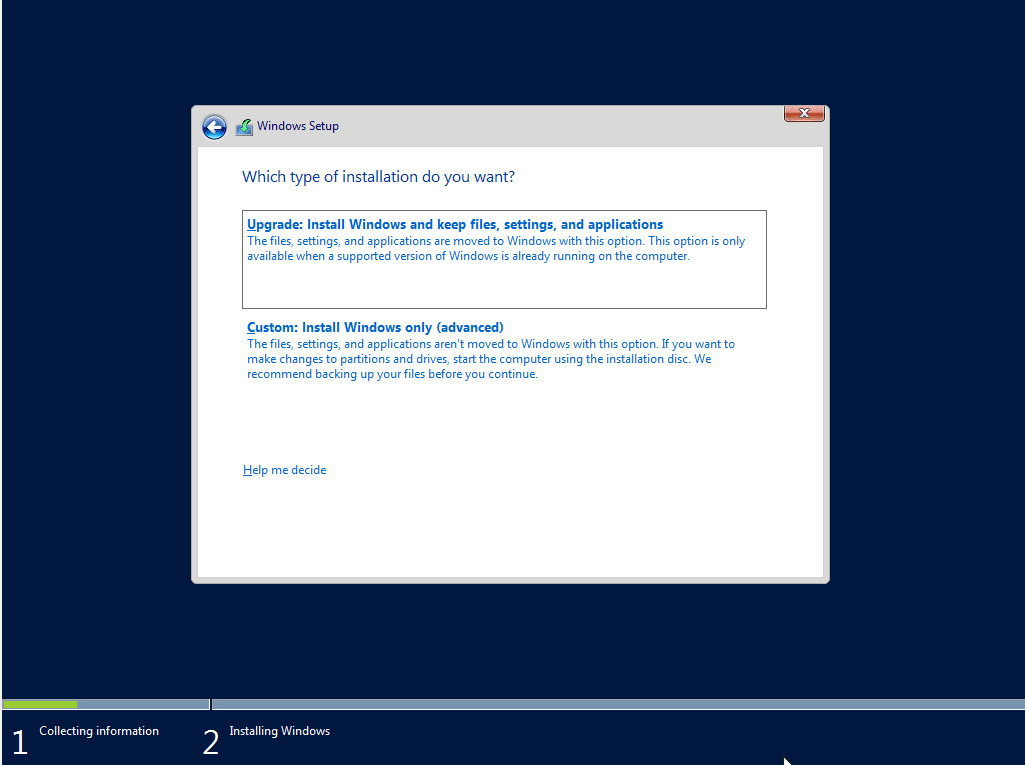 virtualbox 윈도우 2016 서버 설치 5_설치 타입 선택