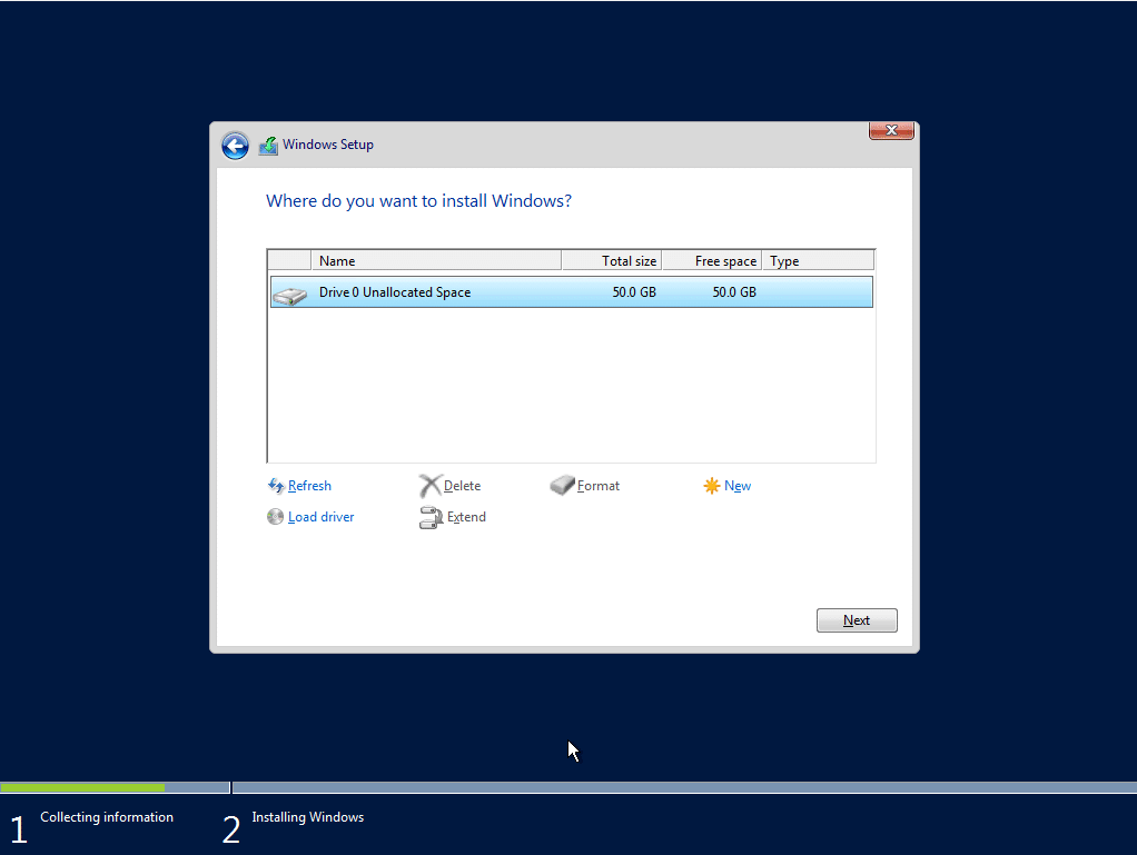 virtualbox 윈도우 2016 서버 설치 6_파티션 설정