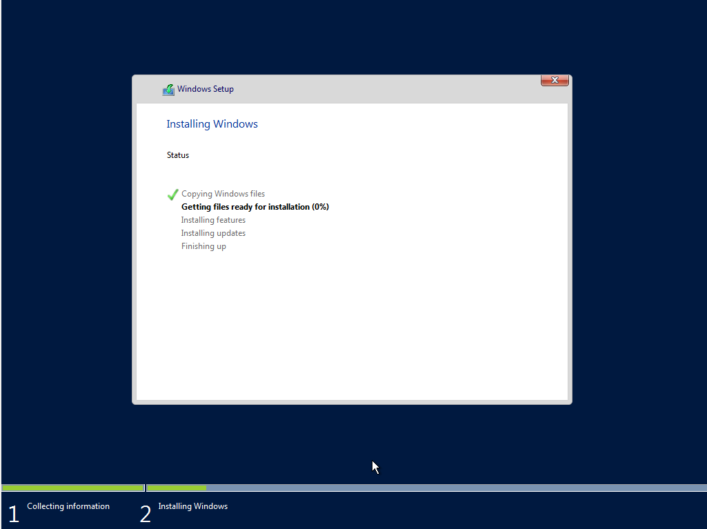 virtualbox 윈도우 2016 서버 설치 7_설치 진행 중
