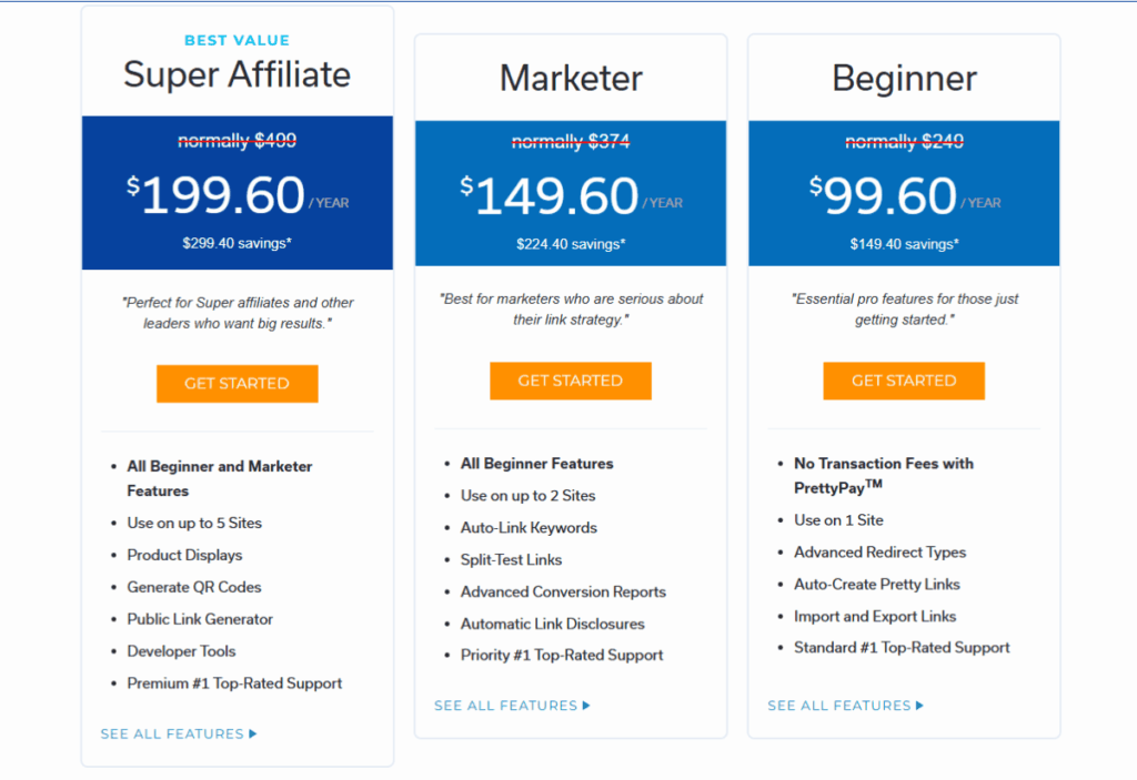 워드프레스 어필리에이트 플러그인-Pretty Links 가격표