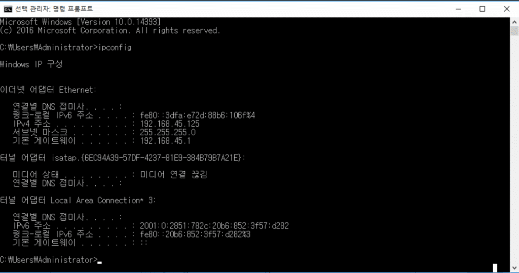 윈도우 서버 2016 네트워크 설정 5_CMD_virtualbox에서 랜덤으로 적용한 IP 주소