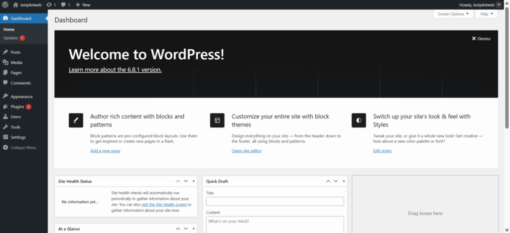 Installing WordPress: Two Ways to Upload It to a Linux Server, with wget and with FTP, and the Web Setup 12 WordPress admin Dashboard screen: the left menu and the Welcome to WordPress notice