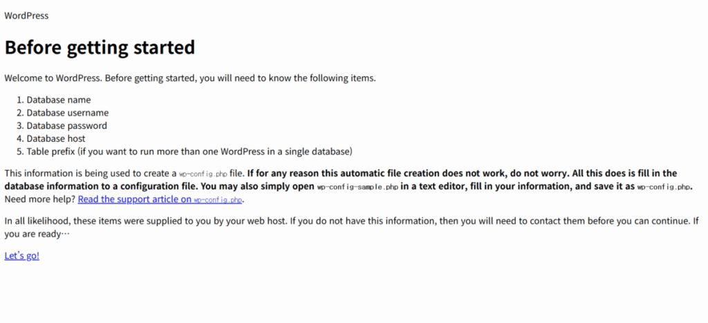 Installing WordPress: Two Ways to Upload It to a Linux Server, with wget and with FTP, and the Web Setup 6 WordPress install guide screen: the five database items and the Let’s go button