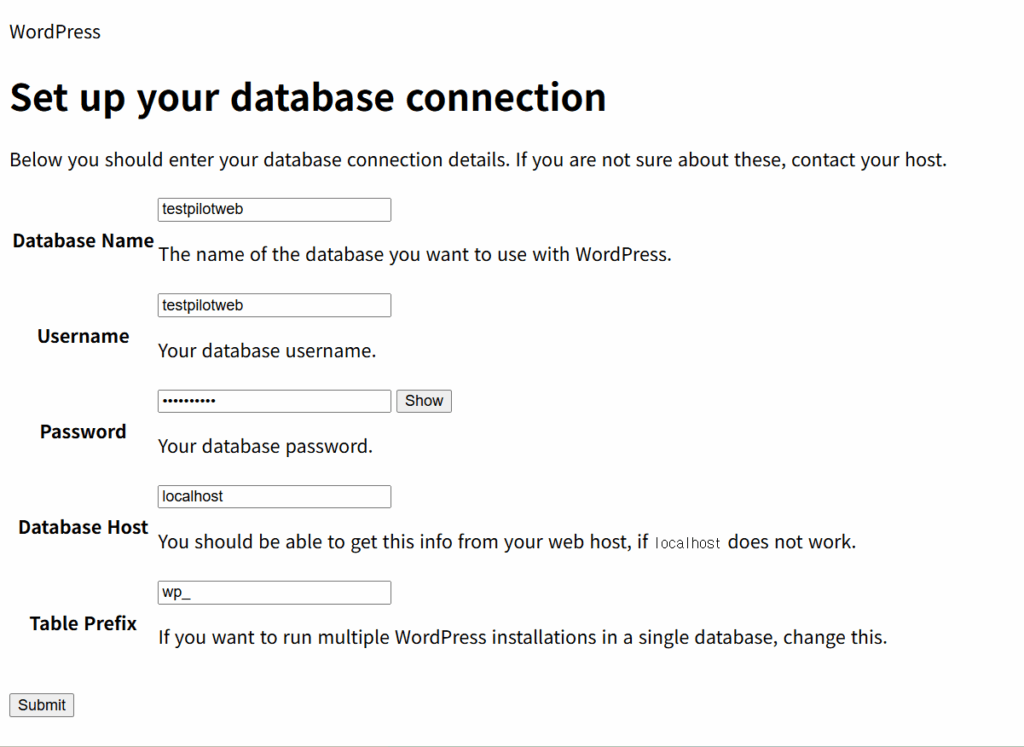 Installing WordPress: Two Ways to Upload It to a Linux Server, with wget and with FTP, and the Web Setup 7 WordPress install database connection screen: the Database Name, Username, Password, Database Host and Table Prefix fields and the Submit button