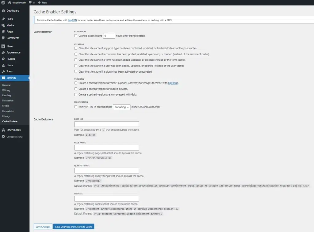 Cache Enabler 플러그인 설정 화면[영어]