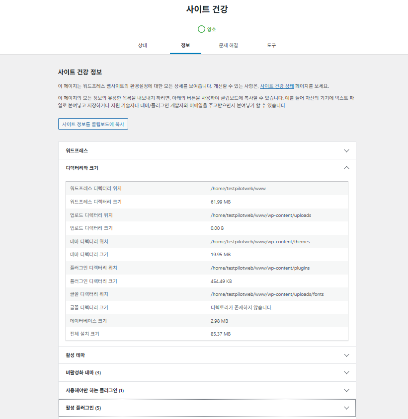 워드프레스 플러그인: Health Check&Troubleshooting | 플러그인 충돌 테스트 16 Health Check&Troubleshooting-정보 탭