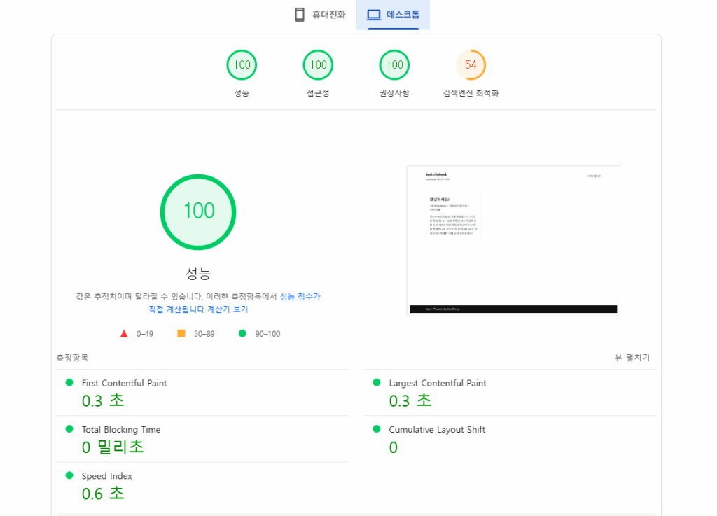 Neve 테마 구글페이지 스피드 속도 테스트[데스크탑]
