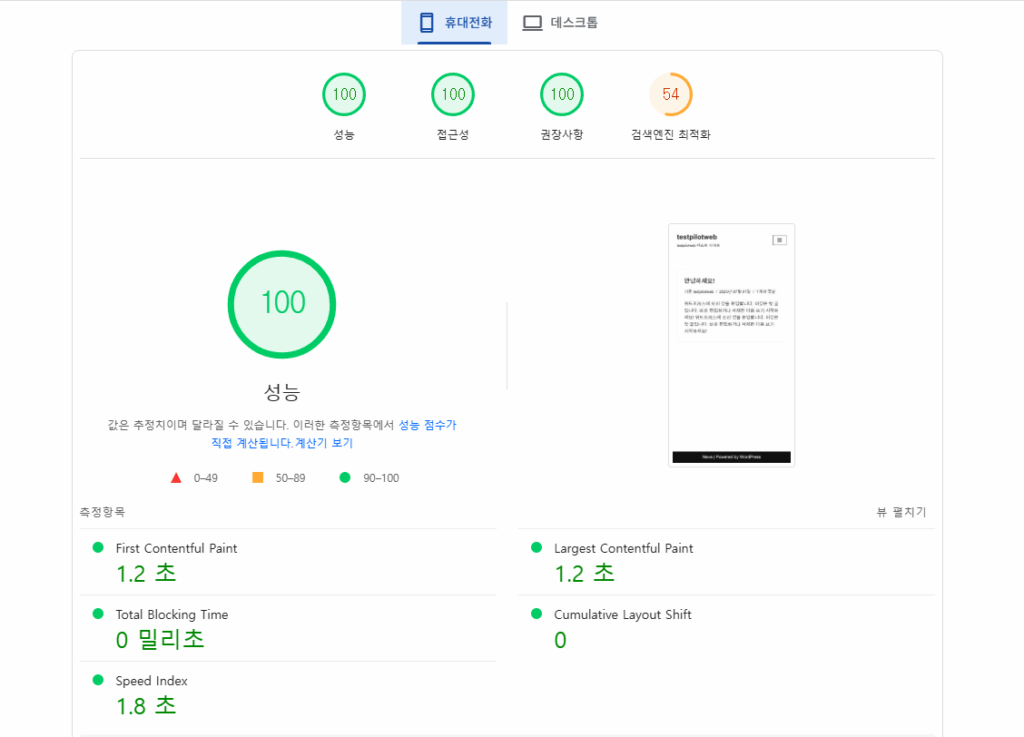 Neve 테마 구글페이지 스피드 속도 테스트[모바일]